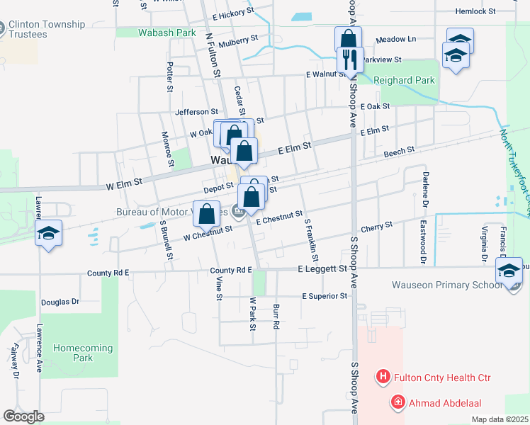 map of restaurants, bars, coffee shops, grocery stores, and more near 125 East Chestnut Street in Wauseon