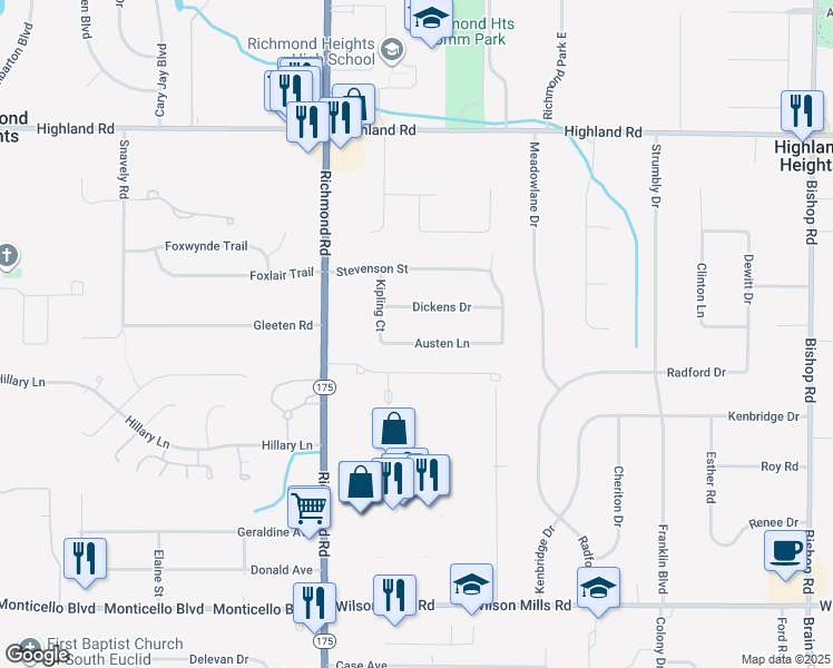 map of restaurants, bars, coffee shops, grocery stores, and more near 5171 Austen Lane in Richmond Heights