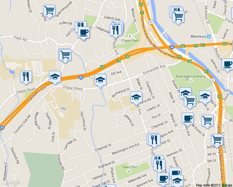 map of restaurants, bars, coffee shops, grocery stores, and more near 81 Birchwood Street in Waterbury