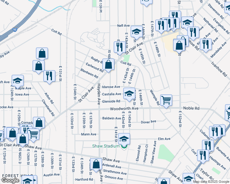 map of restaurants, bars, coffee shops, grocery stores, and more near 14005 Castalia Avenue in Cleveland