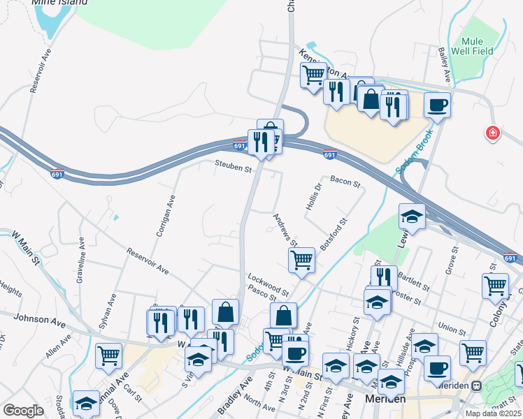 map of restaurants, bars, coffee shops, grocery stores, and more near 185 Andrews Street in Meriden