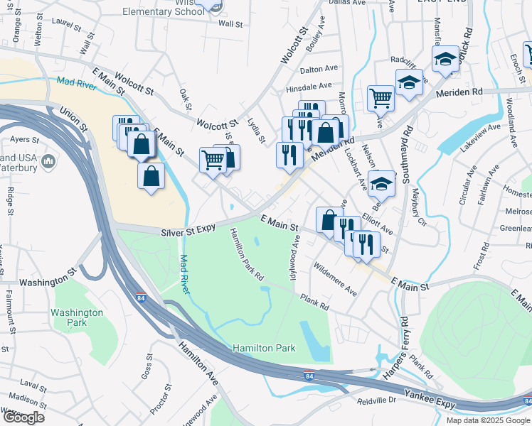 map of restaurants, bars, coffee shops, grocery stores, and more near 1485 East Main Street in Waterbury