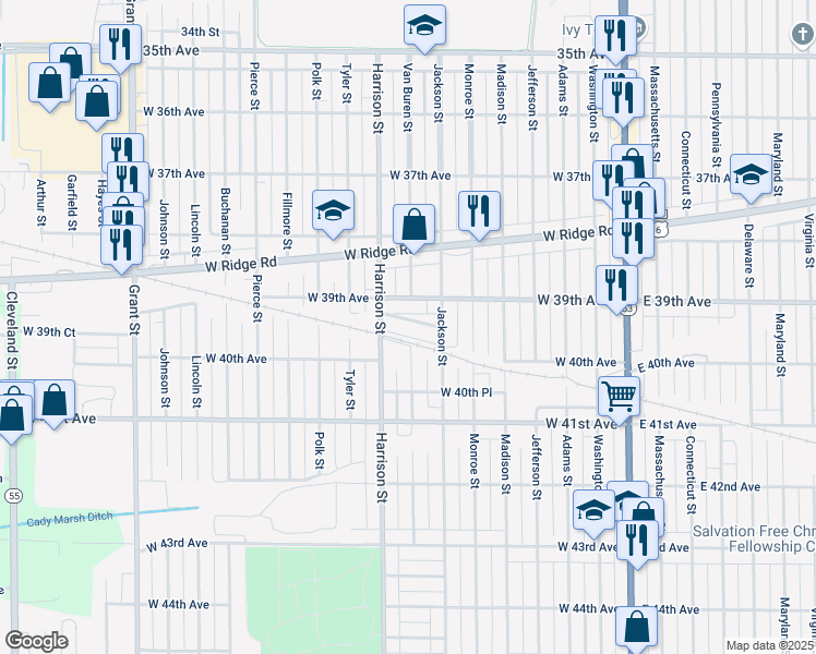 map of restaurants, bars, coffee shops, grocery stores, and more near 649 West 39th Place in Gary