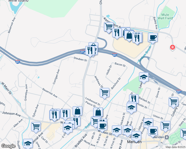 map of restaurants, bars, coffee shops, grocery stores, and more near 8 Edgewood Place in Meriden