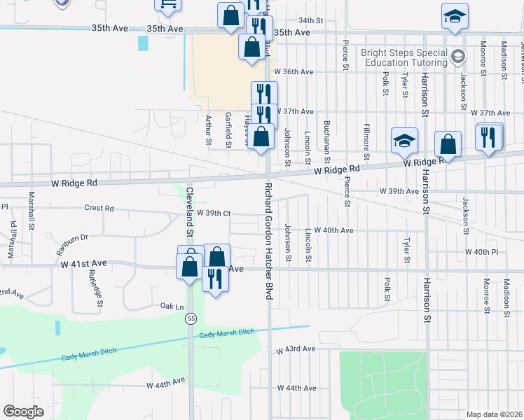 map of restaurants, bars, coffee shops, grocery stores, and more near 3976 Grant Street in Gary