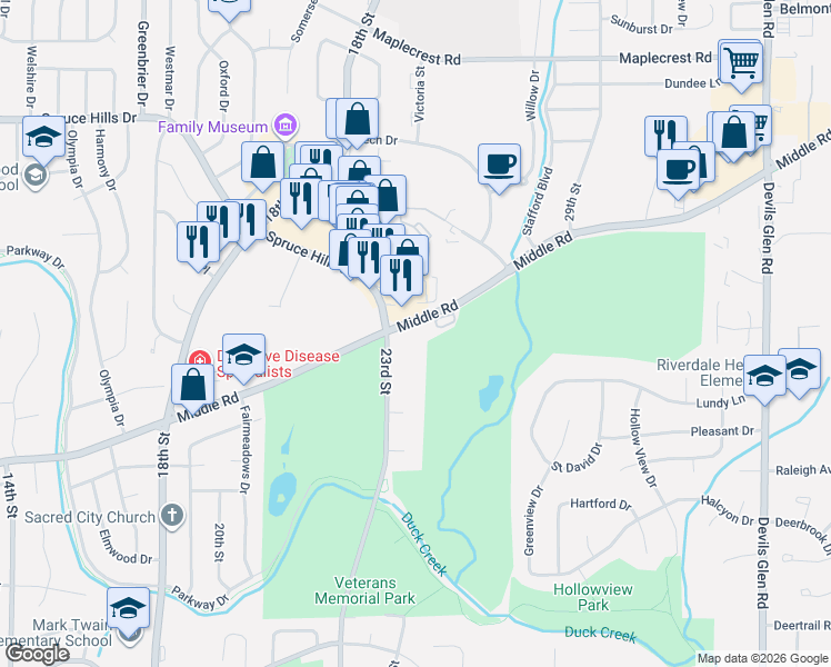 map of restaurants, bars, coffee shops, grocery stores, and more near 2507 Middle Road in Bettendorf