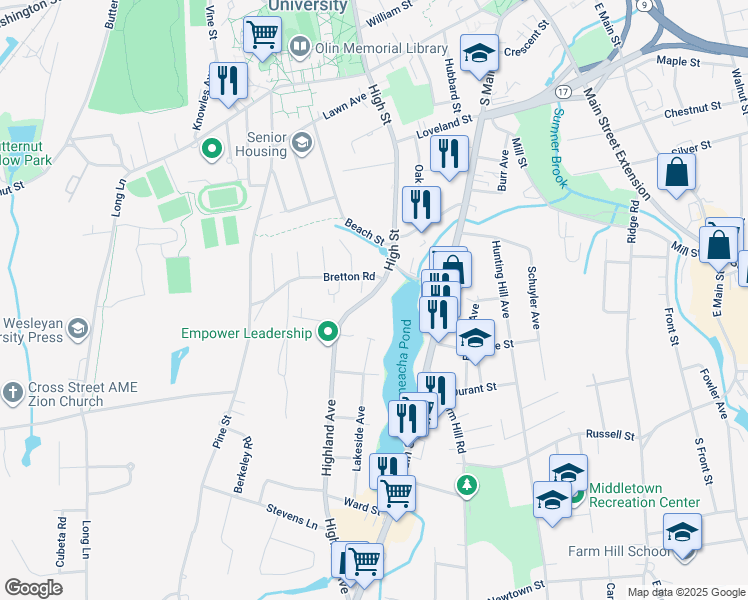 map of restaurants, bars, coffee shops, grocery stores, and more near 150 Highland Avenue in Middletown