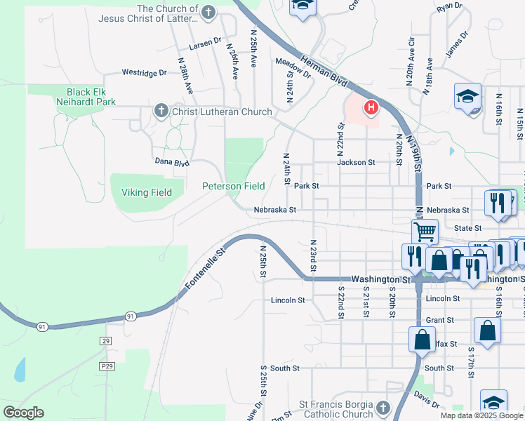 map of restaurants, bars, coffee shops, grocery stores, and more near 2467 Nebraska Street in Blair
