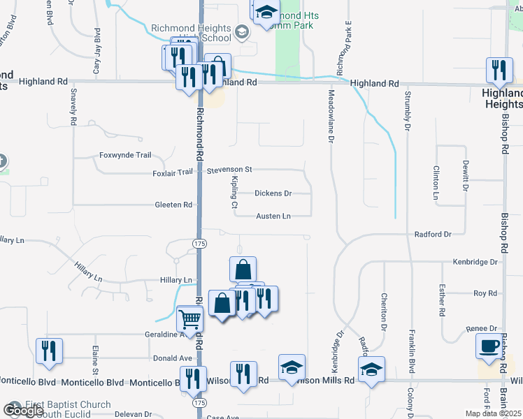 map of restaurants, bars, coffee shops, grocery stores, and more near 5171 Austen Lane in Richmond Heights