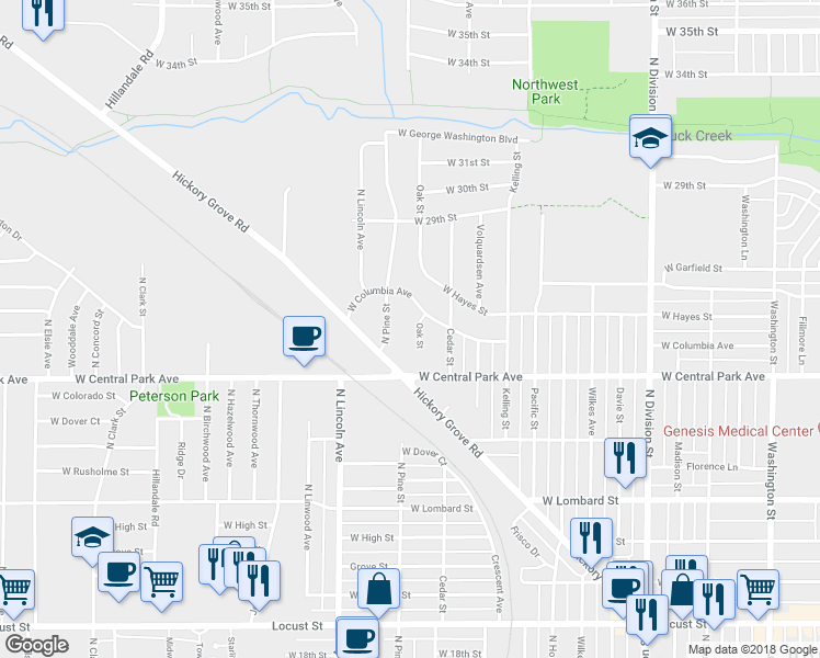 map of restaurants, bars, coffee shops, grocery stores, and more near 2632 Oak Street in Davenport