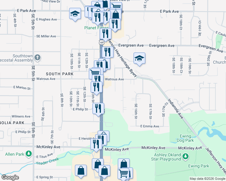 map of restaurants, bars, coffee shops, grocery stores, and more near 4100 Southeast 15th Street in Des Moines