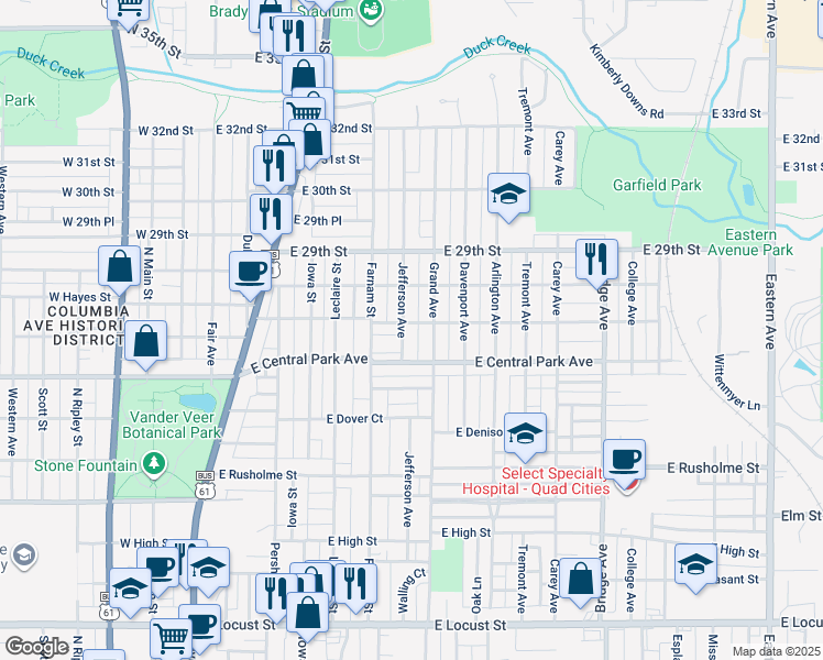 map of restaurants, bars, coffee shops, grocery stores, and more near 637 East Columbia Avenue in Davenport