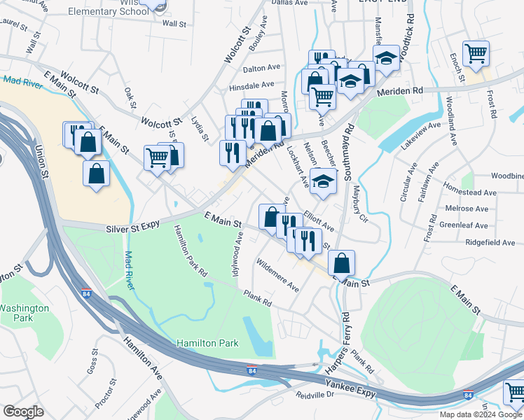 map of restaurants, bars, coffee shops, grocery stores, and more near 39 Sheldon Street in Waterbury