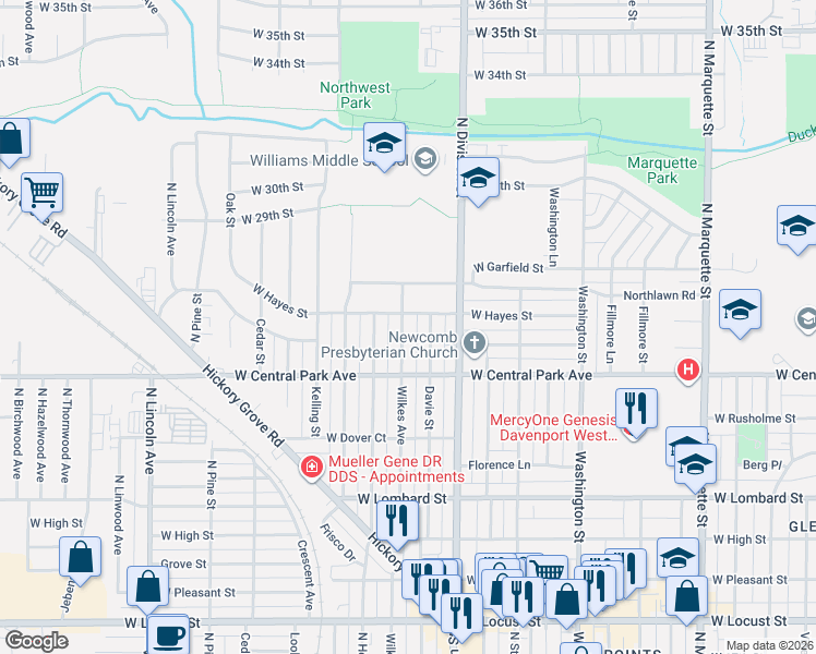 map of restaurants, bars, coffee shops, grocery stores, and more near 2649 Wilkes Avenue in Davenport