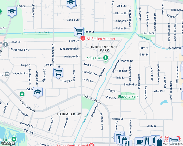 map of restaurants, bars, coffee shops, grocery stores, and more near 1621 Bluebird Lane in Munster