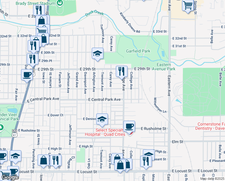 map of restaurants, bars, coffee shops, grocery stores, and more near 2633 Carey Avenue in Davenport