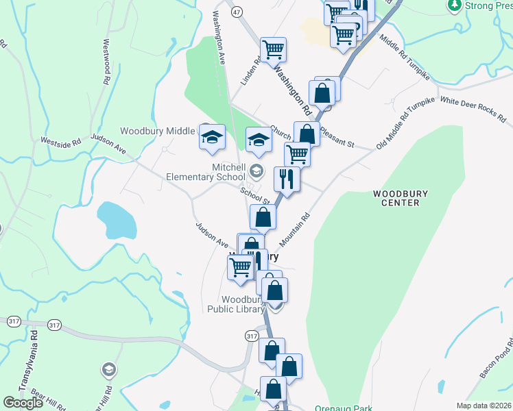 map of restaurants, bars, coffee shops, grocery stores, and more near 9 School Street in Woodbury