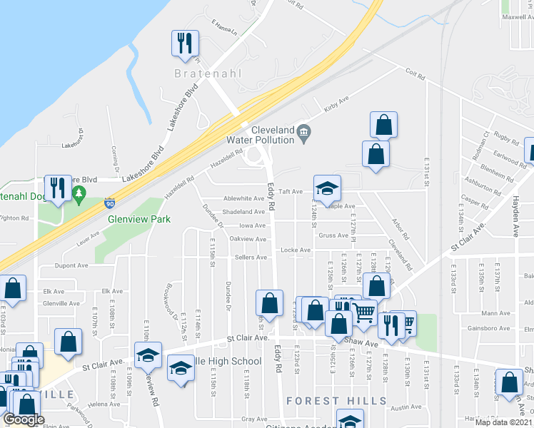 map of restaurants, bars, coffee shops, grocery stores, and more near 382 Eddy Road in Cleveland