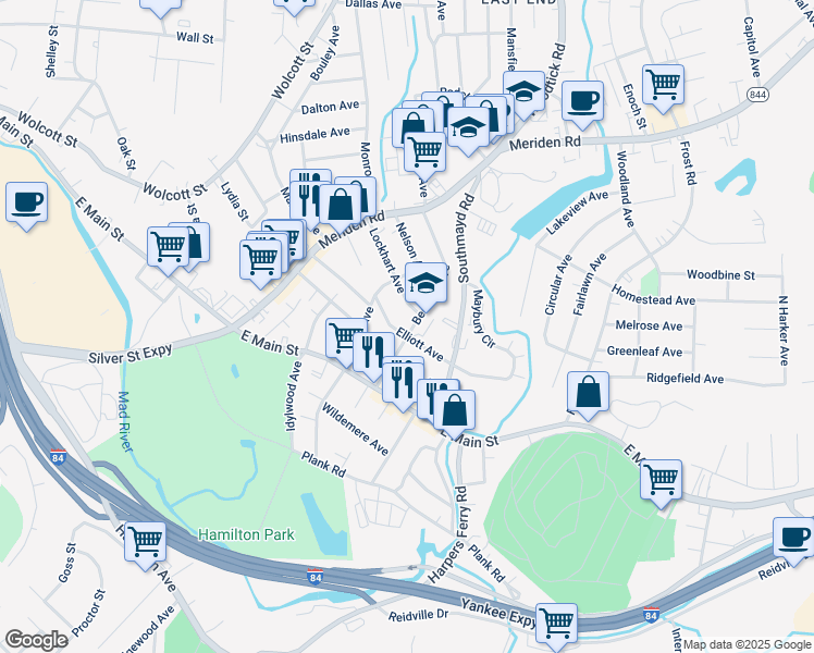 map of restaurants, bars, coffee shops, grocery stores, and more near 95 Beecher Avenue in Waterbury