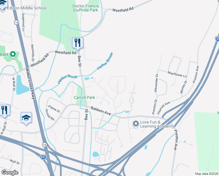 map of restaurants, bars, coffee shops, grocery stores, and more near 204 Natchaug Drive in Meriden