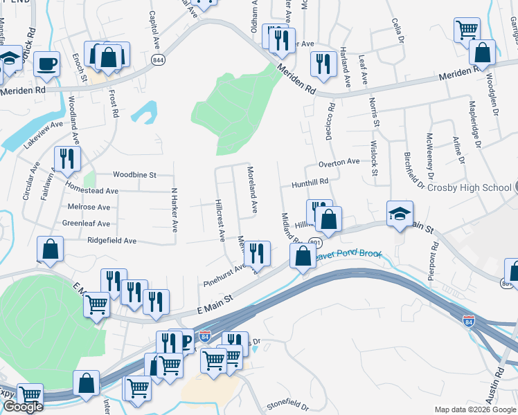 map of restaurants, bars, coffee shops, grocery stores, and more near 107 Moreland Avenue in Waterbury