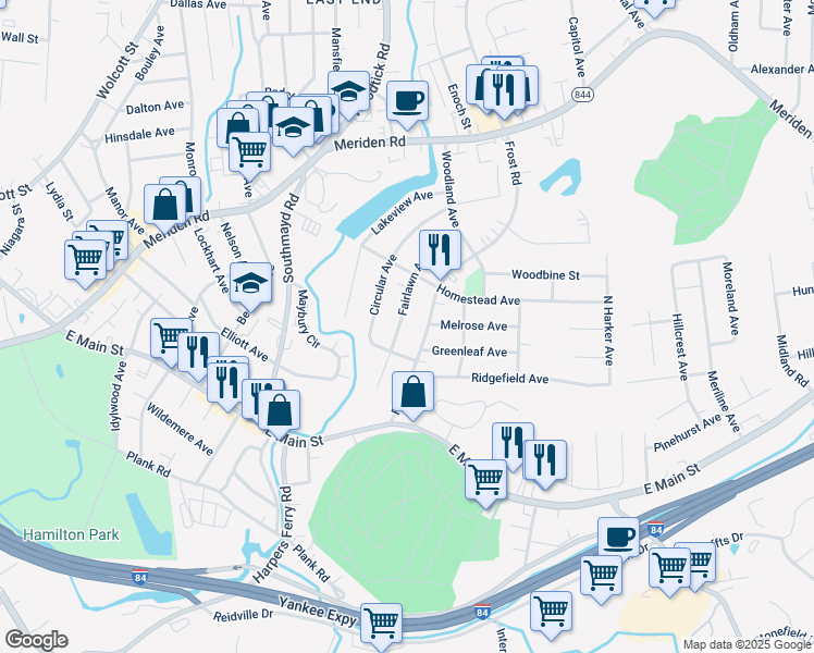 map of restaurants, bars, coffee shops, grocery stores, and more near 151 Frost Road in Waterbury