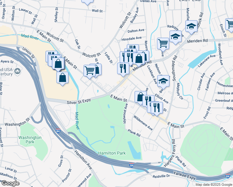 map of restaurants, bars, coffee shops, grocery stores, and more near 1485 East Main Street in Waterbury