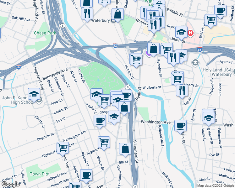 map of restaurants, bars, coffee shops, grocery stores, and more near 45 Summit Street in Waterbury