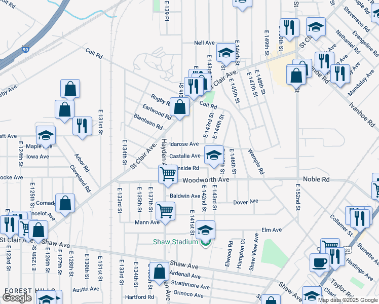 map of restaurants, bars, coffee shops, grocery stores, and more near 14005 Castalia Avenue in Cleveland