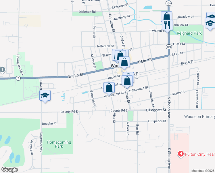 map of restaurants, bars, coffee shops, grocery stores, and more near 101-263 Commercial in Wauseon