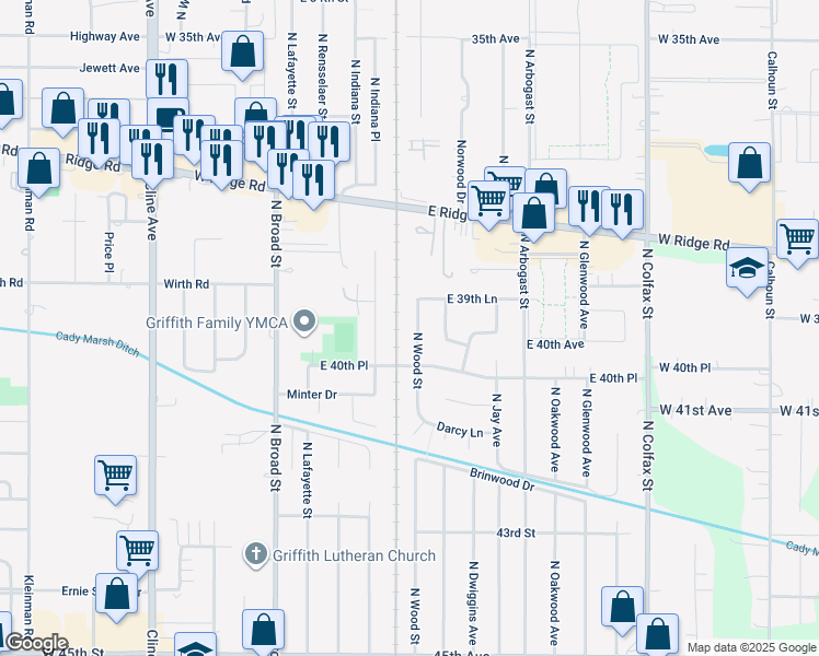 map of restaurants, bars, coffee shops, grocery stores, and more near 1421 North Indiana Street in Griffith