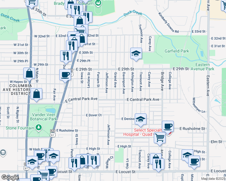 map of restaurants, bars, coffee shops, grocery stores, and more near 637 East Columbia Avenue in Davenport