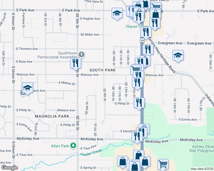 map of restaurants, bars, coffee shops, grocery stores, and more near 4102 Southeast 10th Street in Des Moines