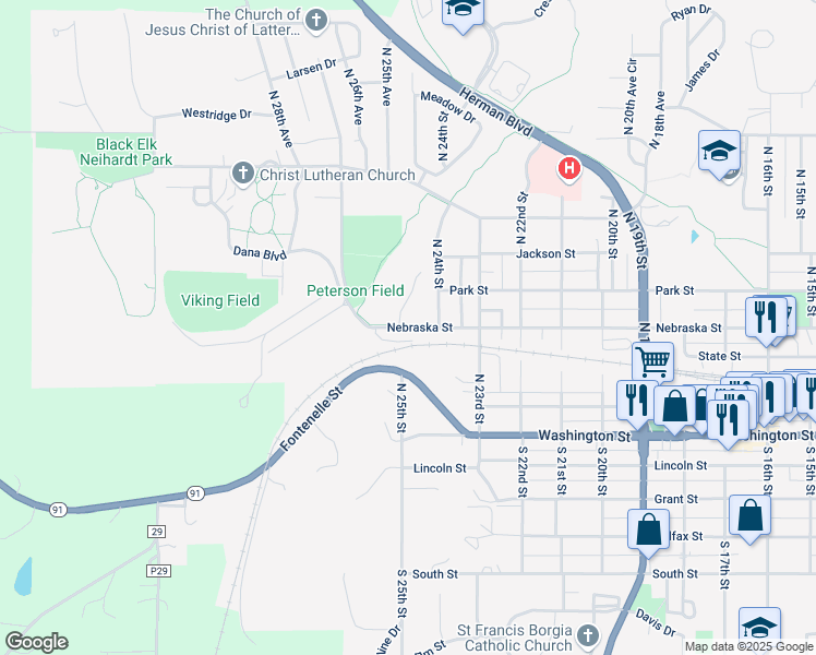 map of restaurants, bars, coffee shops, grocery stores, and more near 2447 Nebraska Street in Blair