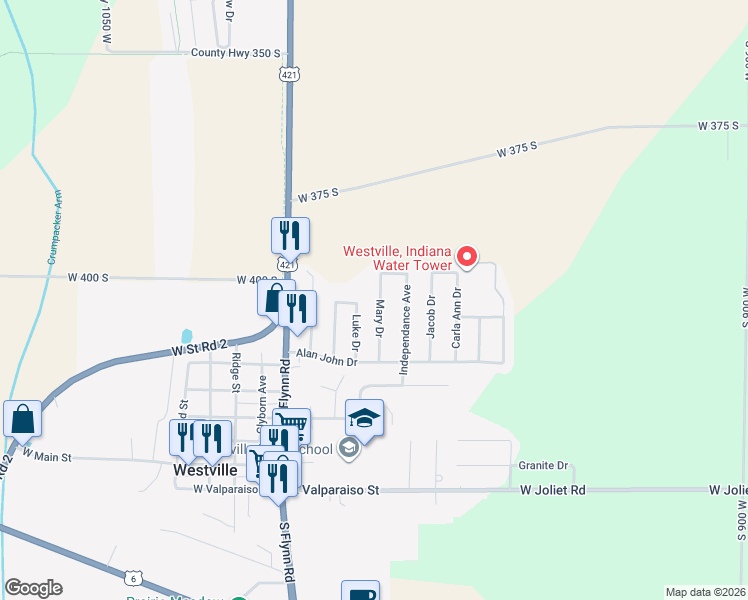 map of restaurants, bars, coffee shops, grocery stores, and more near 801 Mary Drive in Westville