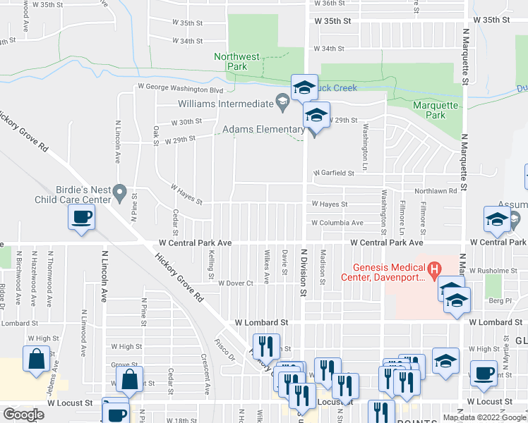map of restaurants, bars, coffee shops, grocery stores, and more near 2650 Wilkes Avenue in Davenport