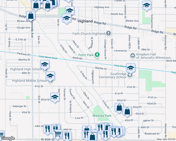 map of restaurants, bars, coffee shops, grocery stores, and more near 9139 Highland Street in Highland