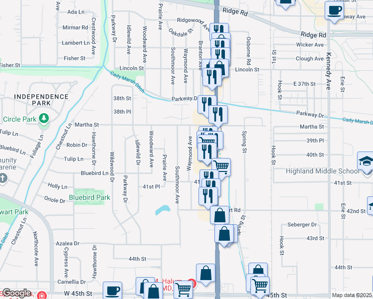 map of restaurants, bars, coffee shops, grocery stores, and more near 9146 Waymond Avenue in Highland