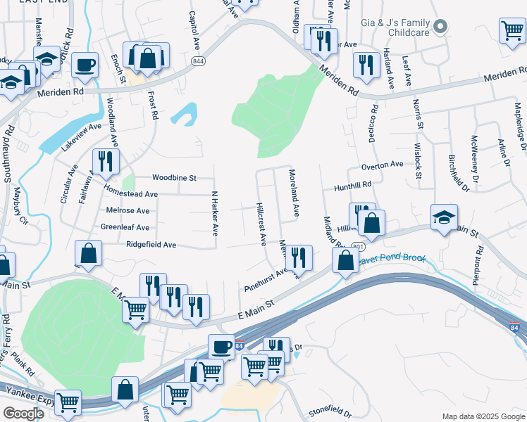 map of restaurants, bars, coffee shops, grocery stores, and more near 112 Hillcrest Avenue in Waterbury