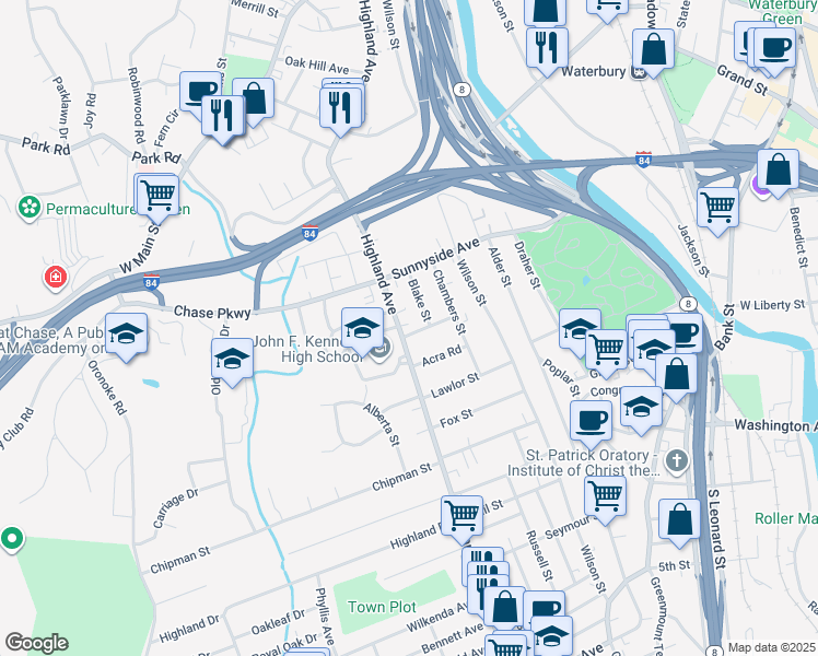 map of restaurants, bars, coffee shops, grocery stores, and more near 393 Highland Avenue in Waterbury
