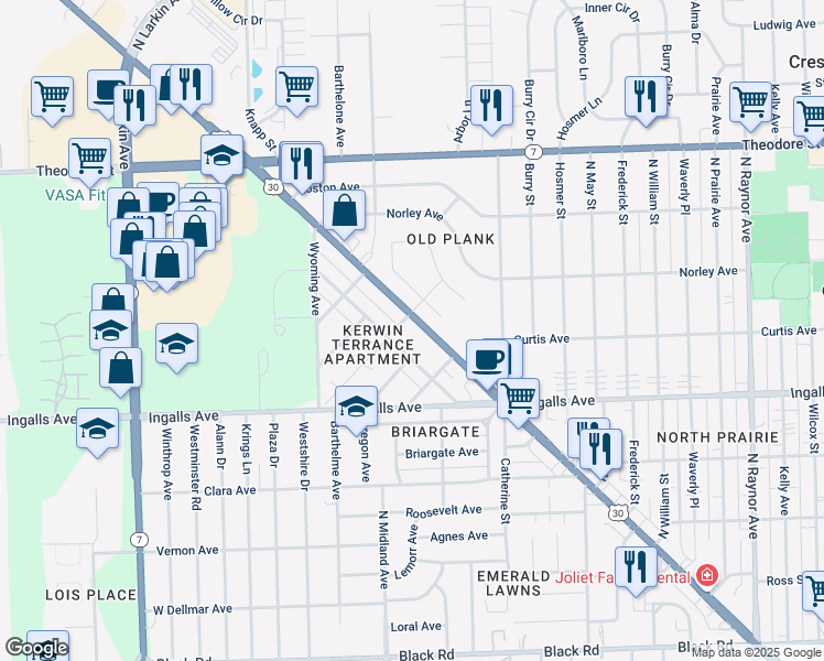 map of restaurants, bars, coffee shops, grocery stores, and more near 1316 Plainfield Road in Joliet