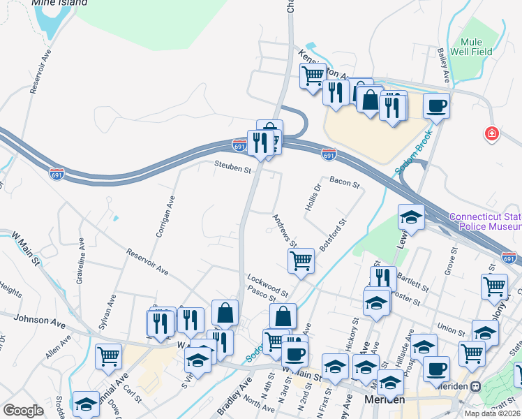 map of restaurants, bars, coffee shops, grocery stores, and more near 183 Andrews Street in Meriden