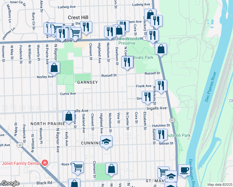 map of restaurants, bars, coffee shops, grocery stores, and more near 1225 Dearborn Street in Joliet