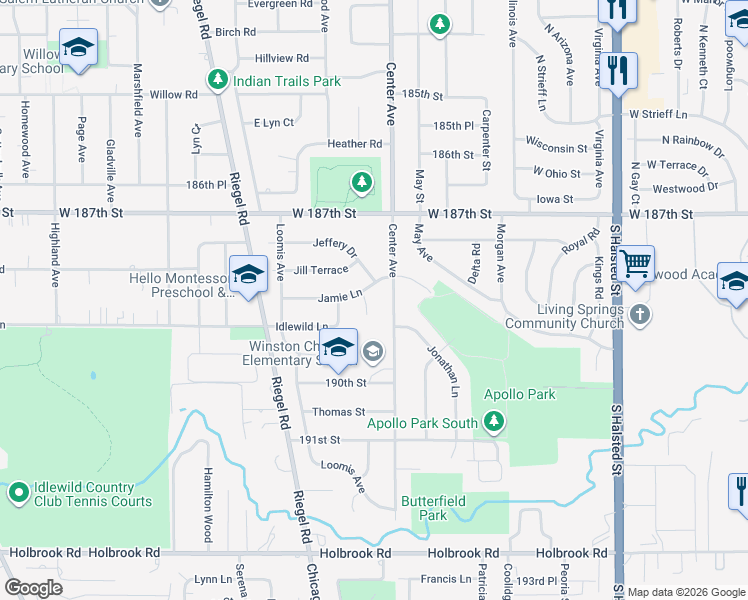 map of restaurants, bars, coffee shops, grocery stores, and more near 18829 Jamie Court in Homewood