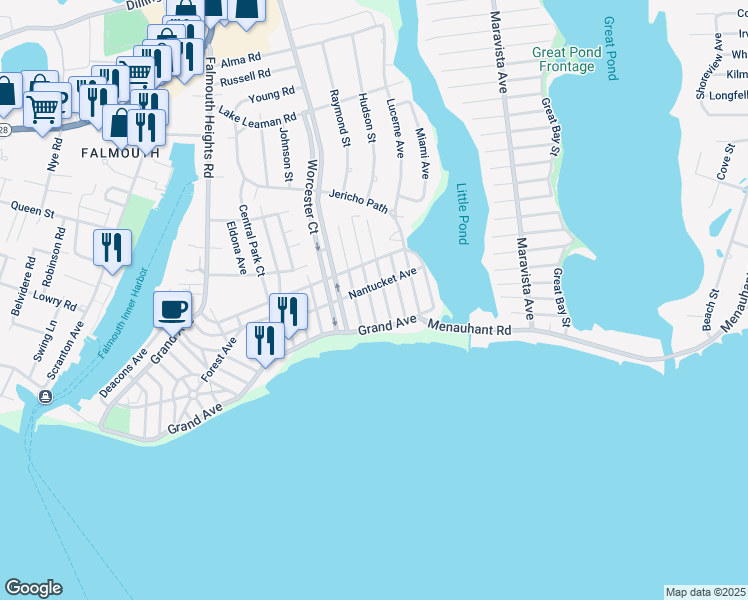 map of restaurants, bars, coffee shops, grocery stores, and more near 16 Hawthorne Avenue in Falmouth