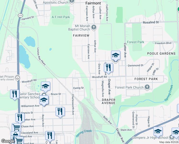 map of restaurants, bars, coffee shops, grocery stores, and more near 1207 Fairview Avenue in Joliet