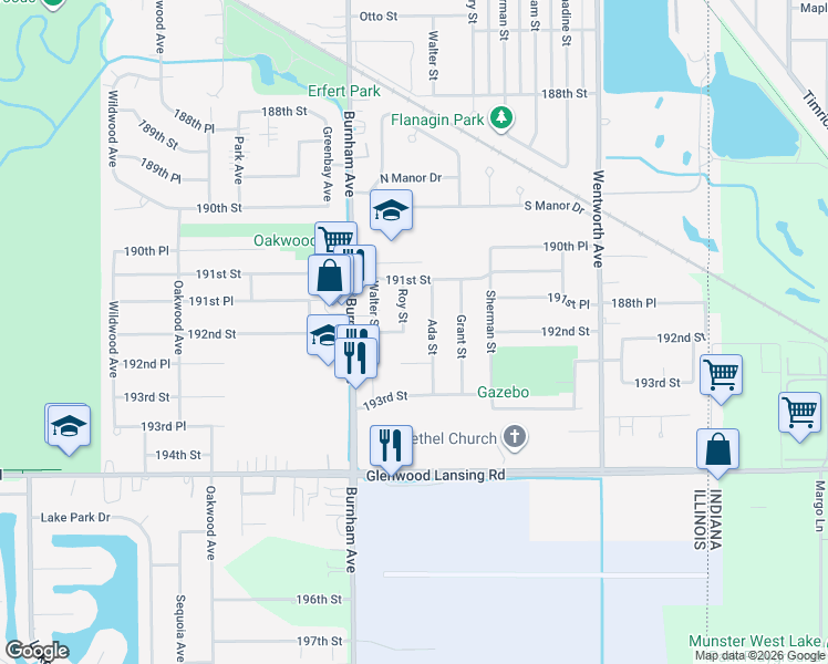 map of restaurants, bars, coffee shops, grocery stores, and more near 19145 Roy Street in Lansing