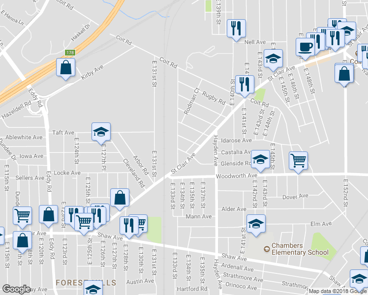 map of restaurants, bars, coffee shops, grocery stores, and more near 13413 Glenside Road in Cleveland