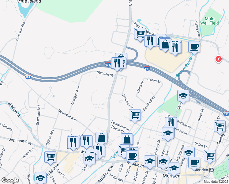 map of restaurants, bars, coffee shops, grocery stores, and more near 197 Andrews Street in Meriden