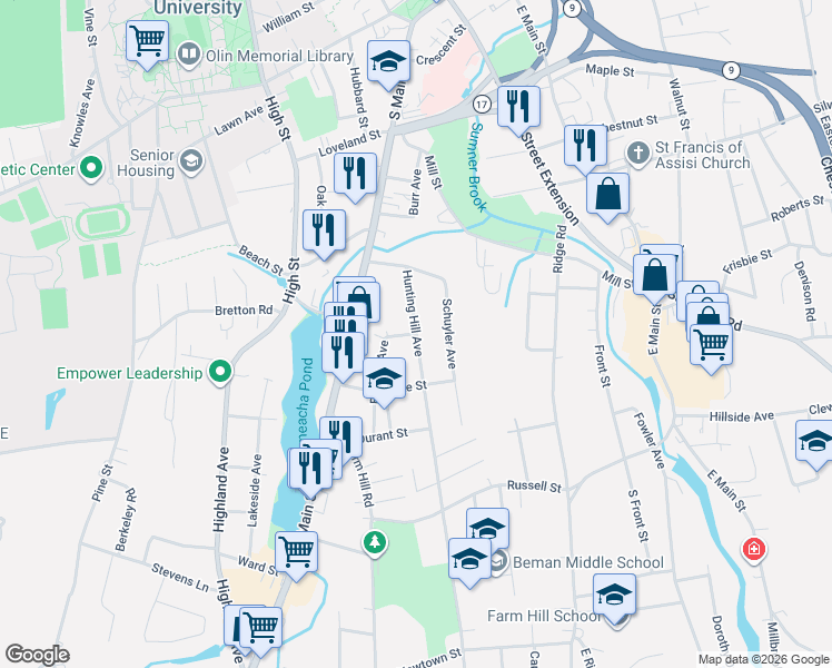 map of restaurants, bars, coffee shops, grocery stores, and more near 110 Hunting Hill Ave in Middletown